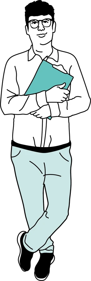 Illustration: derselbe Mann steht jetzt ruhig da und hält ein Klemmbrett im Arm.