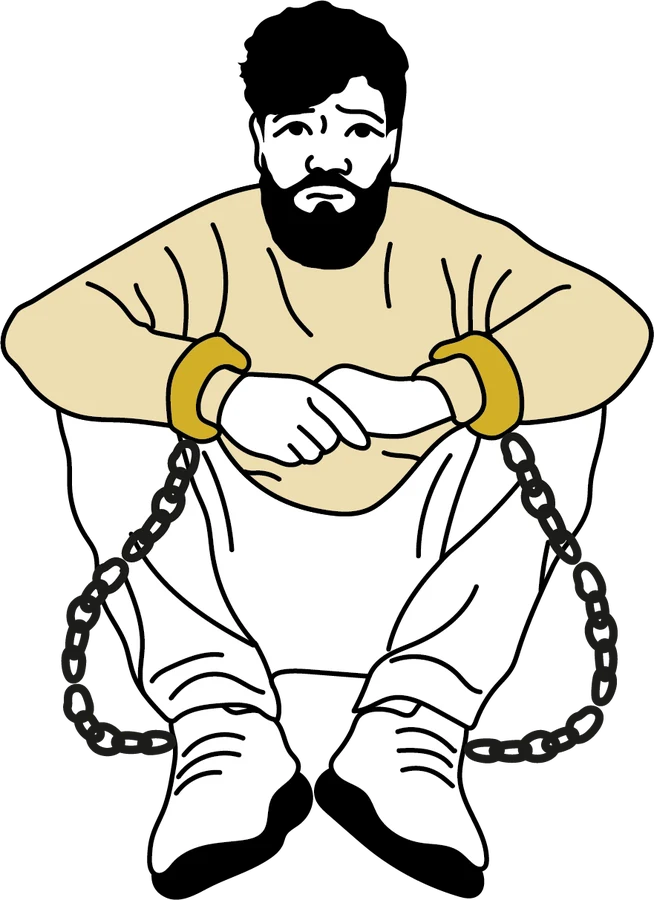 Illustration: ein Mann sitzt zusammengesunken auf dem Boden, die Handgelenke in goldenen Fesseln und Ketten.