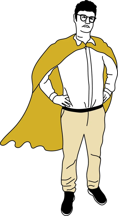 Illustration: ein Mann mit Brille steht mit Cape und in die Hüften gestemmten Armen da.