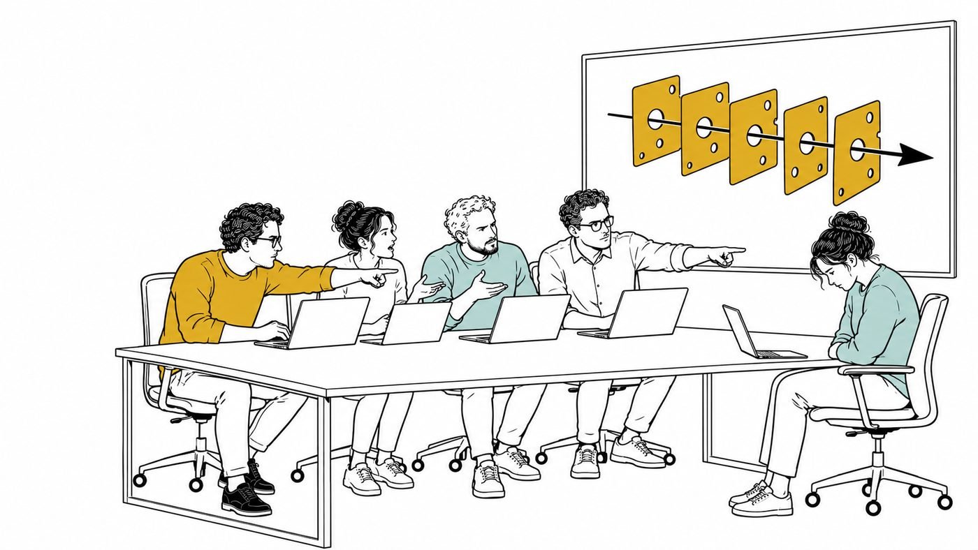 Ein Team sitzt im Besprechungsraum, vier Personen schauen auf eine zusammengesunkene Entwicklerin, zwei zeigen auf sie. Hinter ihnen hängt ein Whiteboard mit gestaffelten Käsescheiben, deren Löcher in einer Linie liegen; niemand schaut hin.
