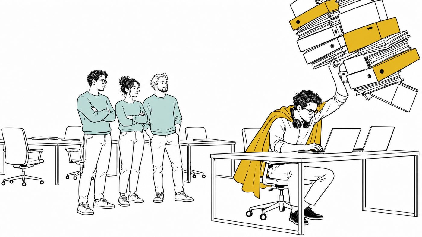 Ein Teamleiter mit senfgelbem Umhang sitzt an zwei Laptops, stemmt mit einer Hand einen herabsinkenden Stapel aus Ordnern und Kartons ab und tippt mit der anderen weiter. Drei Teammitglieder stehen daneben, die Arme verschränkt, und schauen zu; ihre Schreibtische sind leer.